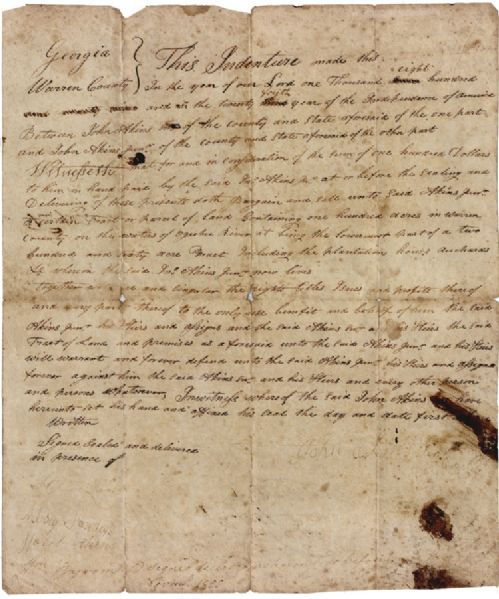 Early Georgia Land Indenture for the Akins Family of Warren County