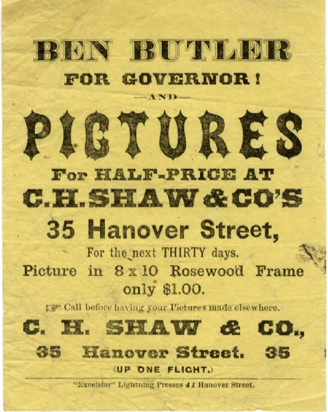 Rare Ben Butler For Governor Handout/Broadside, c. 1870's