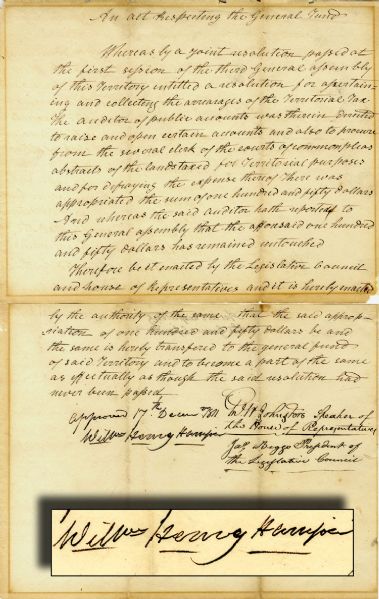 William Henry Harrison Signed Document as Governor of Indiana Territory