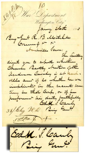 General Edward Canby Civil War-date Autograph Letter Signed to General R.B. Mitchell