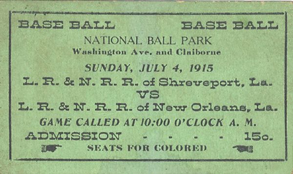 Jim Crow Era Segregated Ball Game Ticket