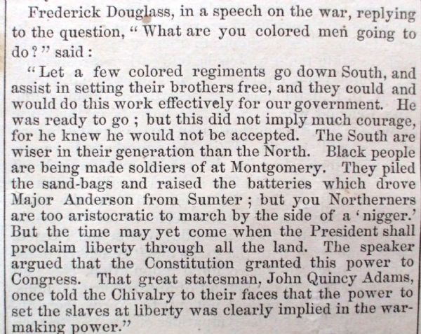 Frederick Douglass Speech Chastises the Northerners For Not Accepting Blacks in the Army