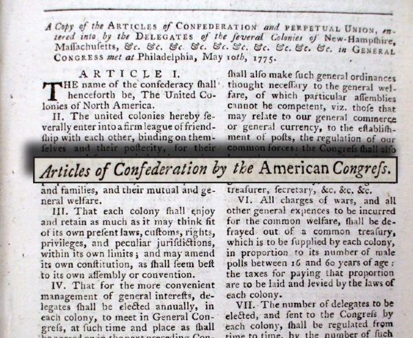 Early Printing of The Articles of Confederation.