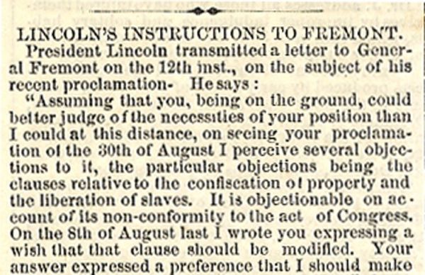 Lincoln Revokes Fremont’s Emancipation Proclamation
