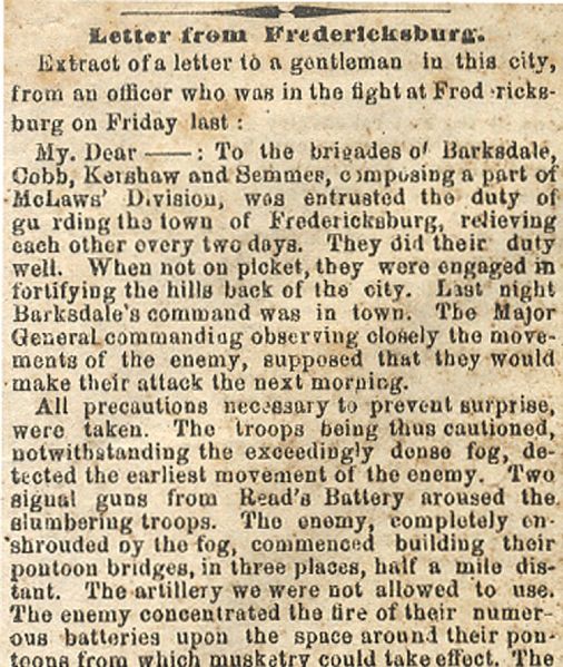 Cobb Falls at Fredericksburg as Reported in this Georgia Confederate