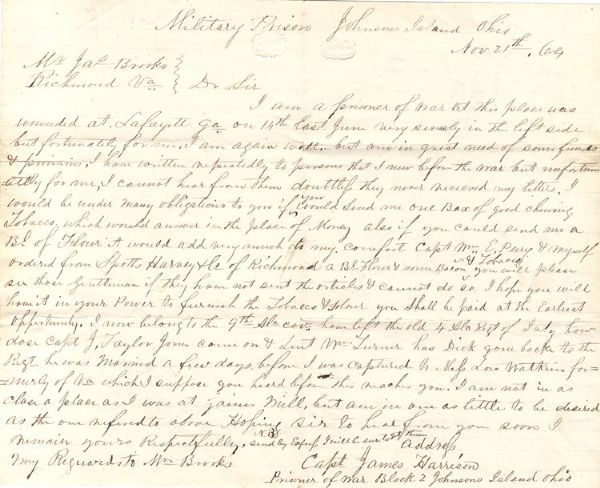 9th Alabama Cavalry Johnson's Island POW Letter