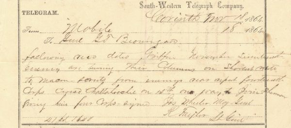 From Georgia - Generals Wheeler and Taylor Send Telegram to P. G. T. Beauregard