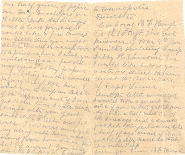 Wisconsin Soldier Writes From Libby Prison