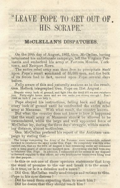 Pope's Defeat at Manassas Casts Aspersions Upon McClellan