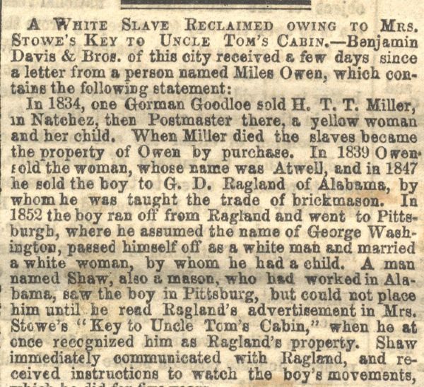 Stowe’s Key to Uncle Tom's Cabin Results in the Identification of a Runaway Slave