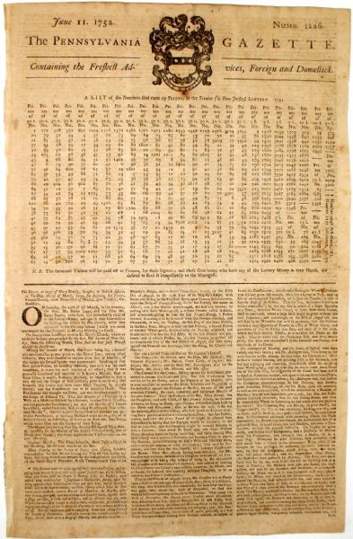 Printed by Benjamin Franklin in 1752