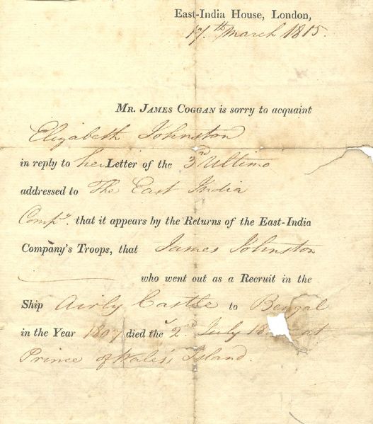 East India Company Soldier's Death Notice