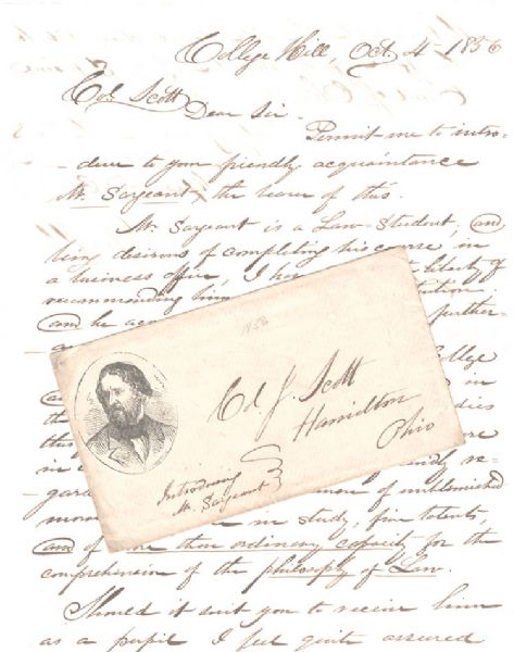 Letter of introduction to Ohio Supreme Court Judge Josiah Scott with 1856 Political Campaign content