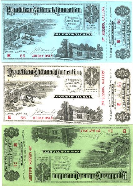 Three Republican National Convention Tickets 1896