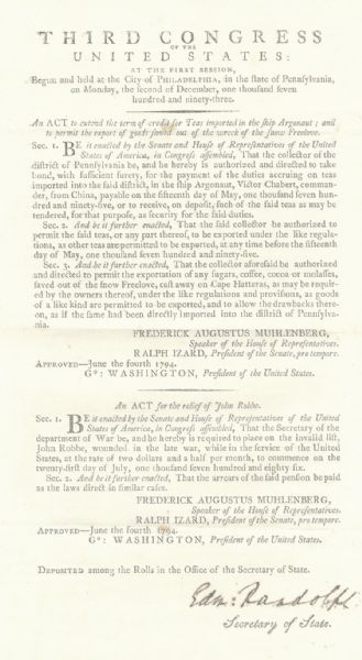 The following two documents are ink signed by the Secretary of State, Edmund Randolph. Randolf was appointed as Secretary of State after the resignation from that position, of his second cousin, 