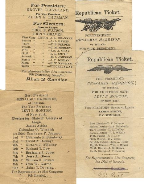 Group Of Four Harrison & Cleveland 1888 Presidential Campaign Ballots From Georgia