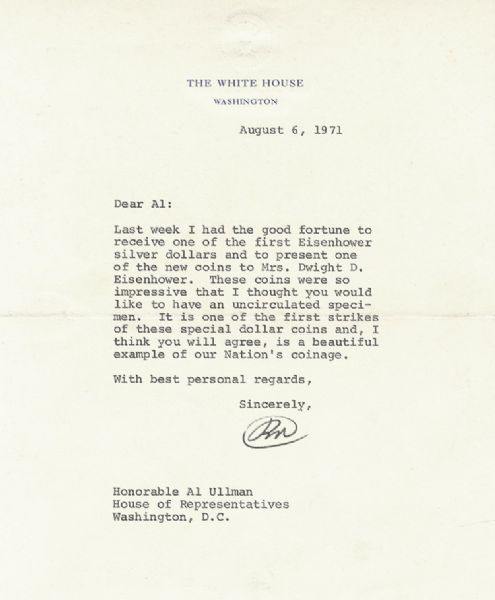 Richard M. Nixon Presents An Eisenhower Dollar To His Widow 