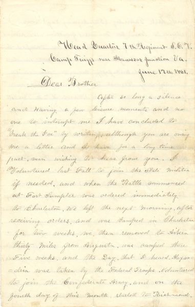 June 1861 7th South Carolina Letter.