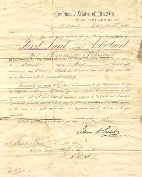 Rare 2nd Mississippi Officer's Appointment Signed By Secretary James Seddon