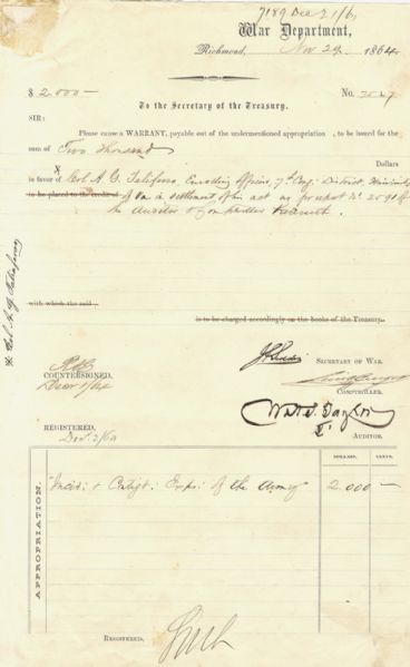 James A Seddon Confederate Document