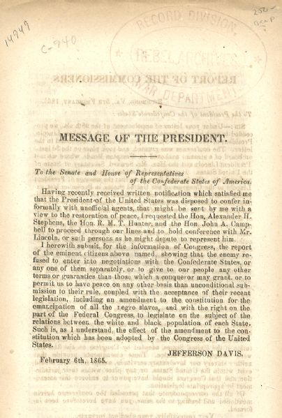 President Davis Ackowledges the Federal Government’s Passage of the 13th Amendment