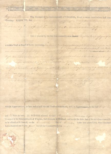 Signer Benjamin Harrison Grants Land to Revolutionary War Virginia Militia Colonel