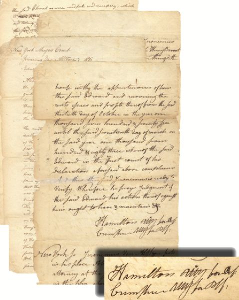 Alexander Hamilton Archive, with two documents signed by Hamilton, including a lengthy Autograph Document Signed three times defending a Loyalist who collected rent from a Patriot's home during t