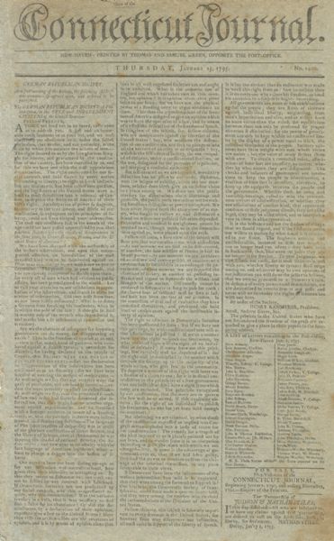 The Connecticut Journal reports on the beginnings of the First Party System in the wake of the Whiskey Rebellion and the resignation of General Knox