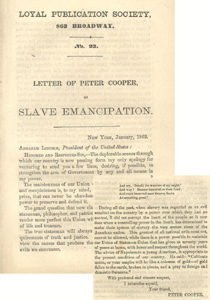 Peter Cooper Writes Lincoln Regarding Emancipation
