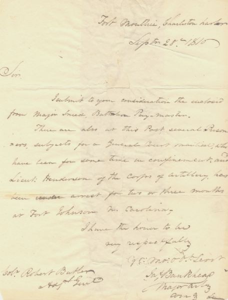 Fort Moultrie Prisoner's Letter Written By Uncle of CSA General and Seminole War Hero.  