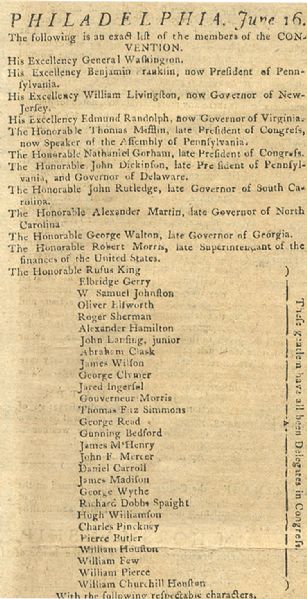 Philadelphia newspaper reporting the names of the delegates attending the Constitutional Convention