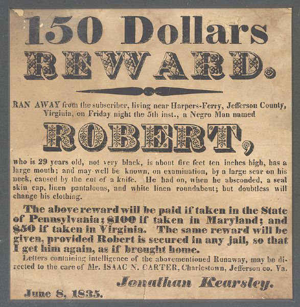 Virginia Runaway Slave Broadside Offers Reward Based on the State of Capture