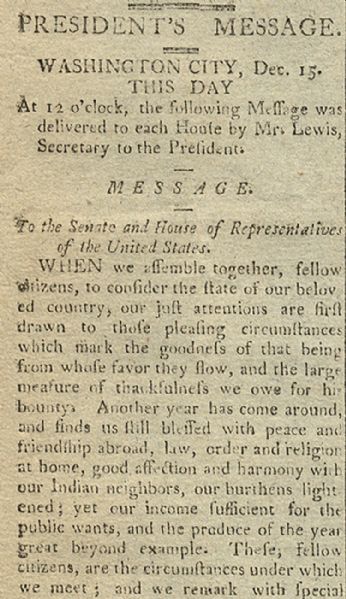 Ohio Statehood and Thomas Jefferson's Second State of the Union address as reported in a Republican newspaper established by John Israel, a Jew and target of anti-Semitic attacks by his Federalis