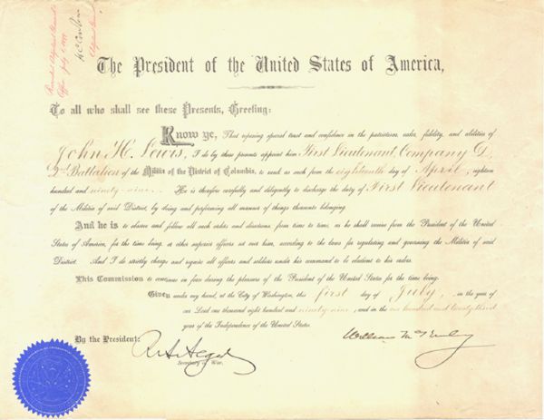 McKinley Signed Washington D. C. Militia Commission
