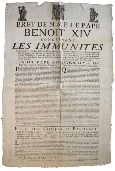 Huge, displayable Papal Broadside of Pope Benedict XIV regarding the soldiers of King Louis XV who either deserted or faced military discipline and were seeking refuge in the Pontifical States at