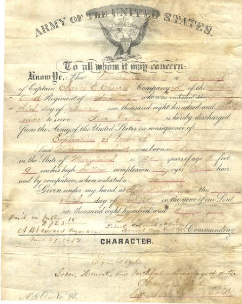 Army Discharge Signed by Custer
