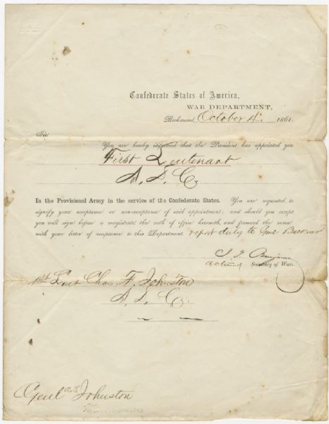 Confederate Attorney General and Acting Secretary of War Judah P. Benjamin Makes An Appointment