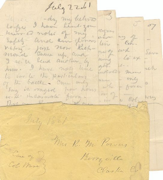 The following five lots consist of letters sent home by Philip Henry Powers of Berryville, Clark County, Virginia.  At the beginning of the war, Powers enlisted in the Clarke County Volunteers as