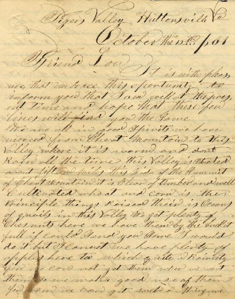 Battle of Greenbrier River, West Virginia Letter, October 3, 1861