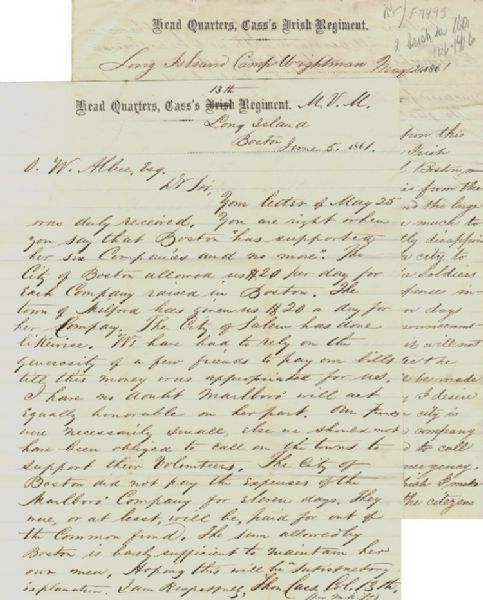 Col. Thomas Cass Requests Funds for 9th Massachusetts Volunteers