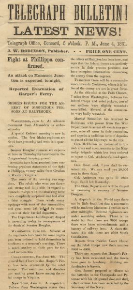 Civil War Broadside Extra….Death of Senator Stephen Douglas….Attack on Manassas Junction….Evacuation of Harpers Ferry