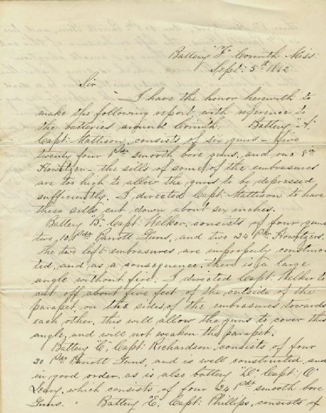 Report of Chief of Artillery Regarding the Batteries and Fortifications Around Corinth, Mississippi