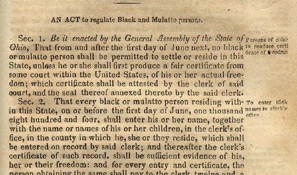 The State of Ohio Places Regulations on Blacks and Mulattos