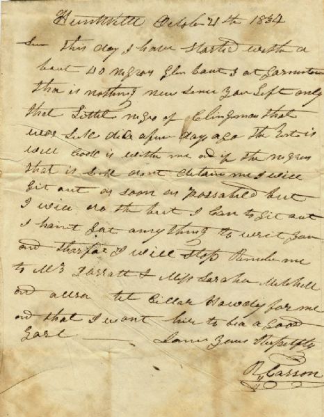 Huntsville, North Carolina Slave Dealer's Letter 