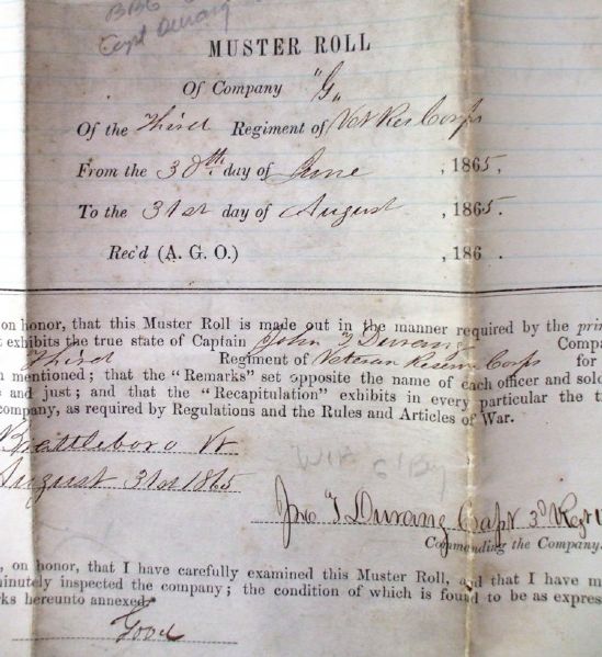 3rd VRC Muster Roll Signed By A Brevet Brig. General and Gettysburg Casualty From The 90th Penn. Vols. 