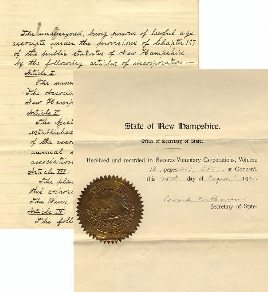 Incorporation Papers for the “Association of the Sixteenth Regiment New Hampshire Volunteers”