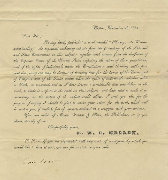 Abolitionist G. W. F. Mellen Sells His Anti-Slavery Pamphlet 