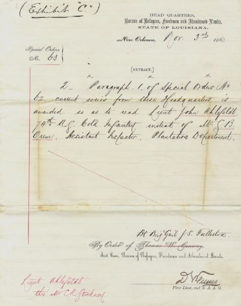 Occupied Louisiana Freed Slave Bureau Document