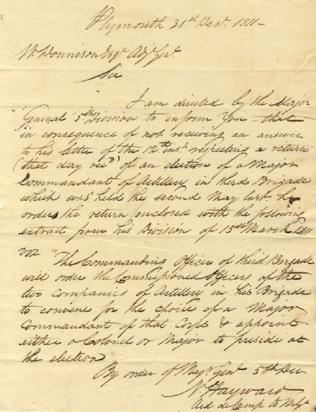 Mass Militia Letter Just Prior to the War of 1812