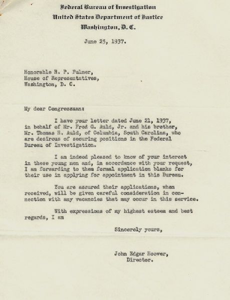 J. Edgar Hoover Discusses FBI Appointments with Congressman Fulmer of South Carolina
